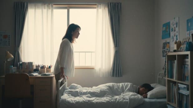 起立性調節障害で朝起きられない我が子を、心配そうに見守る母親。