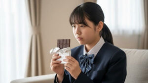 起立性調節障害の症状と、甘いものへの渇望の間で葛藤する中学生。
