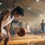 激しい運動中に、立ちくらみを起こしてしまうバスケットボール選手。